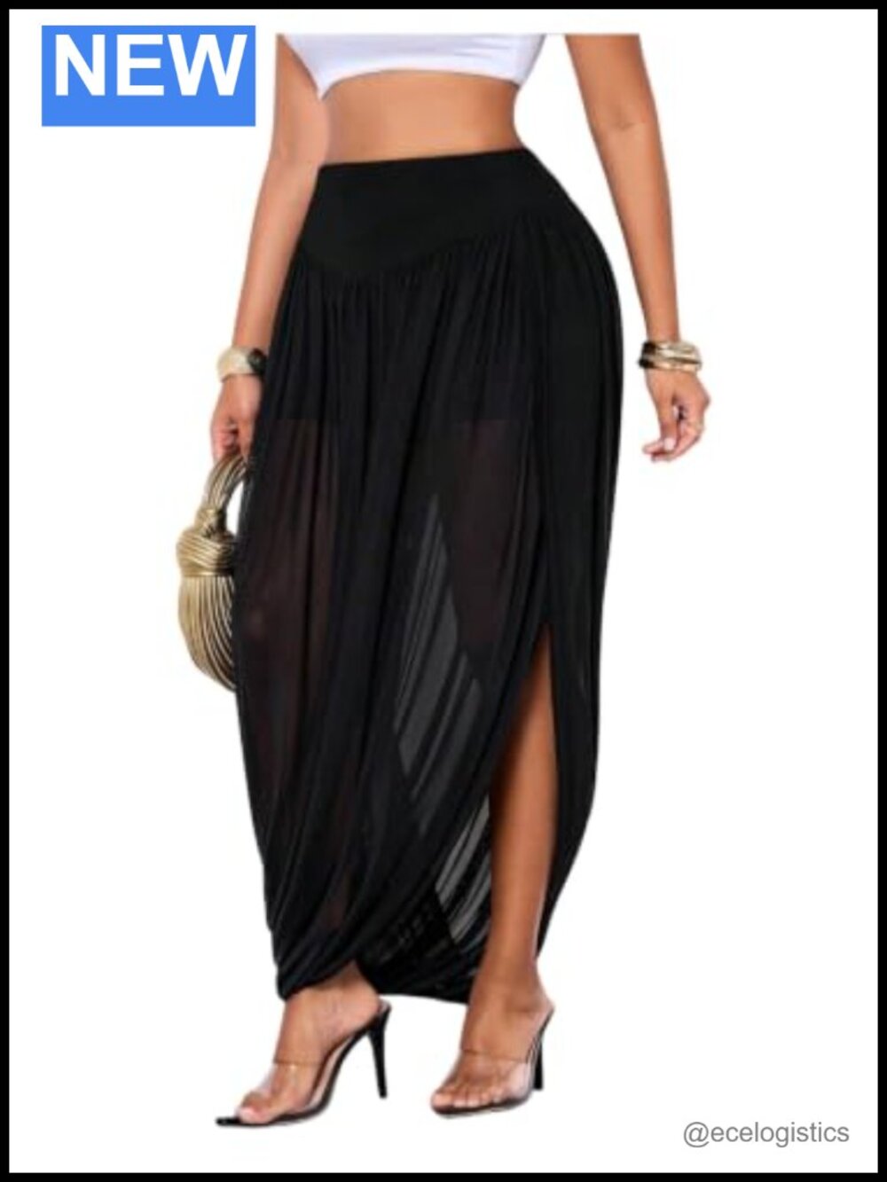 High Waisted Sheer Mesh Maxi Skirt with Side Slit Party